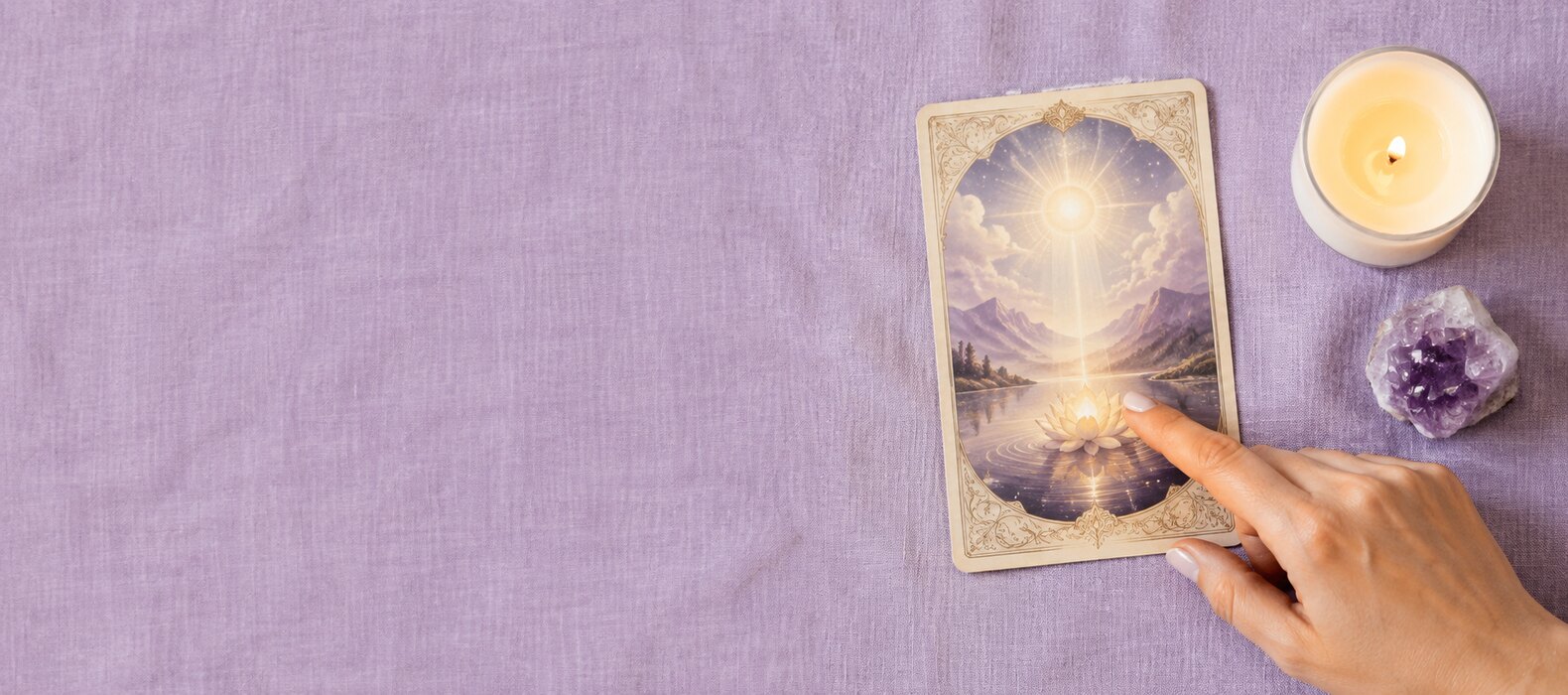Cartas de tarot, vela y amatista sobre lino lavanda